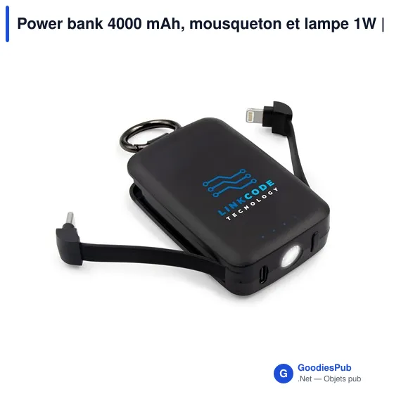 Power bank personnalisable 4000 mAh avec mousqueton et lampe 1W | Dimetriceavec logo - Image 1