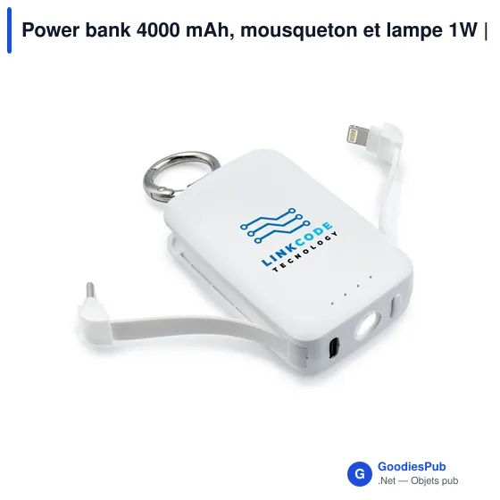Power bank personnalisable 4000 mAh avec mousqueton et lampe 1W | Dimetriceavec logo - Image 12