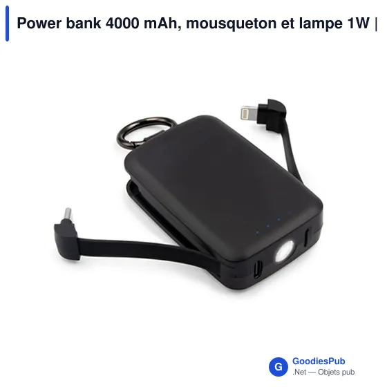 Power bank personnalisable 4000 mAh avec mousqueton et lampe 1W | Dimetriceavec logo - Image 3