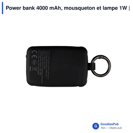 Power bank personnalisable 4000 mAh avec mousqueton et lampe 1W | Dimetriceavec logo - Image 7