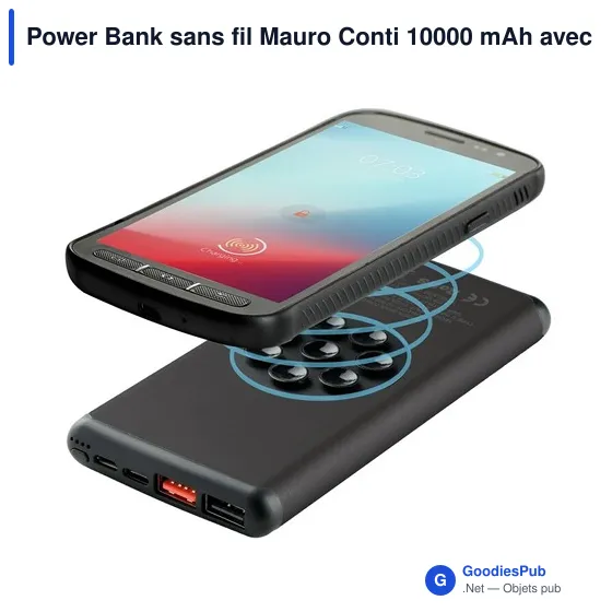 Power Bank sans fil Mauro Conti 10000 mAh avec ventouses, chargeur sans fil 10W | Stef - Image 1