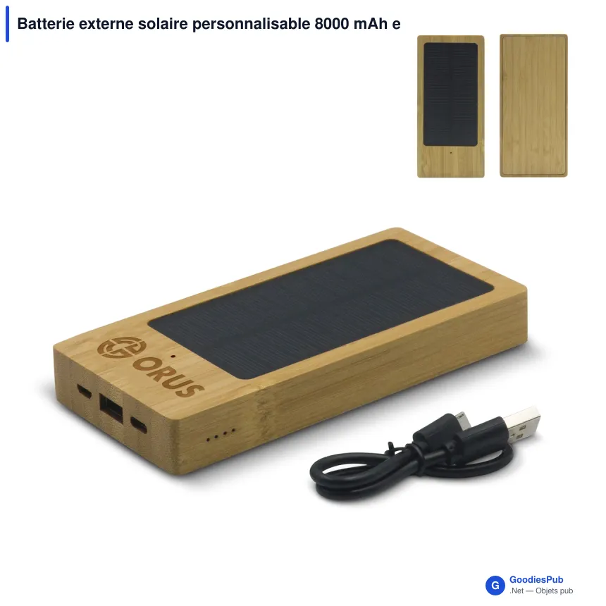 Batterie externe solaire personnalisable 8000 mAh en bambou avec logo - Solaire - Image 1