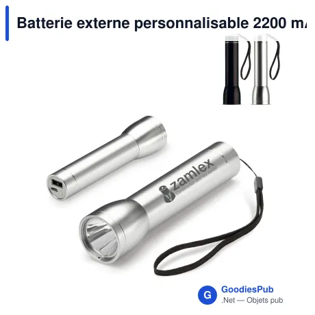 Batterie externe personnalisable 2200 mAh lampe torche avec logo - Aluminium