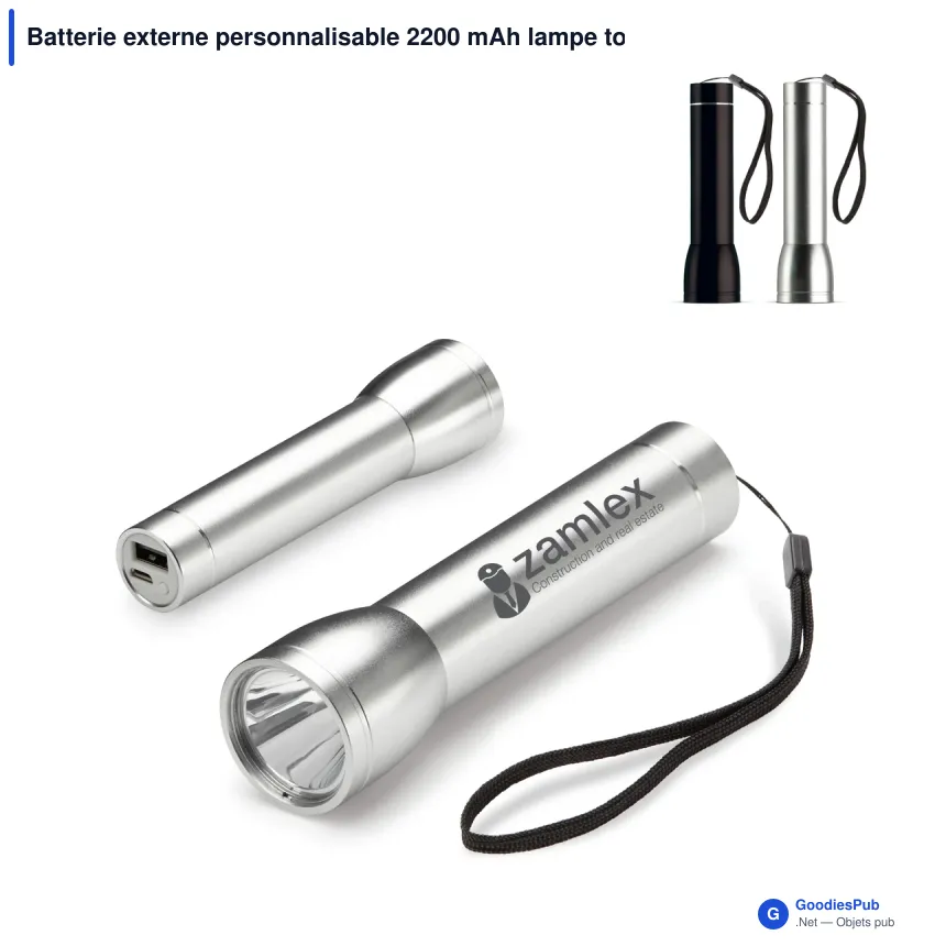 Batterie externe personnalisable 2200 mAh lampe torche avec logo - Aluminium - Image 1