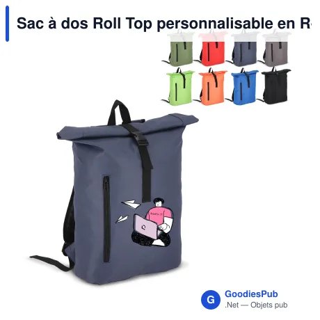 Sac à dos Roll Top personnalisable en R-PET 600D 20 L avec logo - Huit coloris