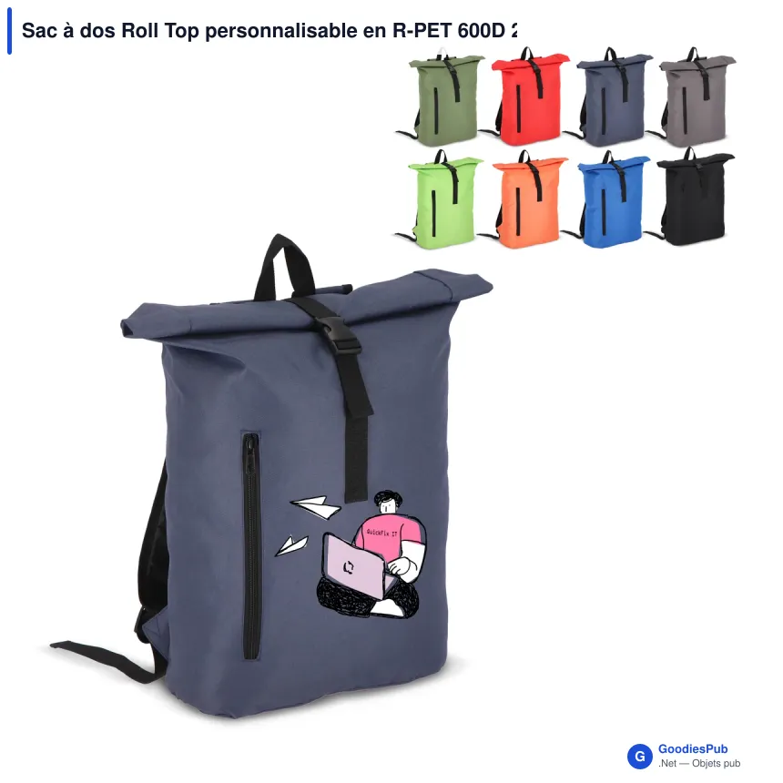 Sac à dos Roll Top personnalisable en R-PET 600D 20 L avec logo - Huit coloris - Image 1