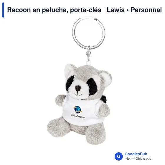 Porte-clés en peluche personnalisable Raton Laveur avec logo | Lewis - Image 1