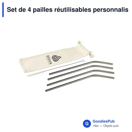Set de 4 pailles réutilisables personnalisables en acier inoxydableavec logo