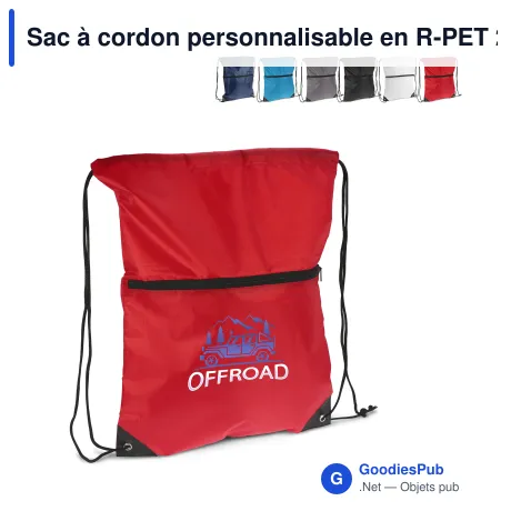 Sac à cordon personnalisable en R-PET 210T avec poche zippée avec logo - Zip