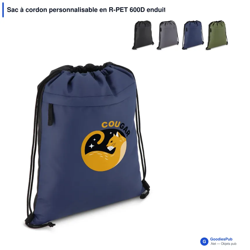 Sac à cordon personnalisable en R-PET 600D enduit PU avec logo - 33 x 42 cm - Image 1