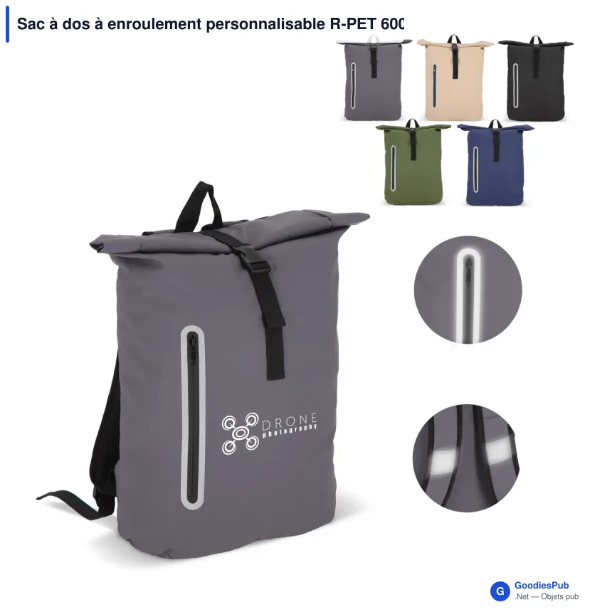 Sac à dos à enroulement personnalisable R-PET 600D enduit PU 20 L avec logo - Image 1