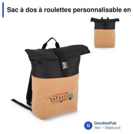 Sac à dos à roulettes personnalisable en liège et R-PET 18 L avec logo - Noir