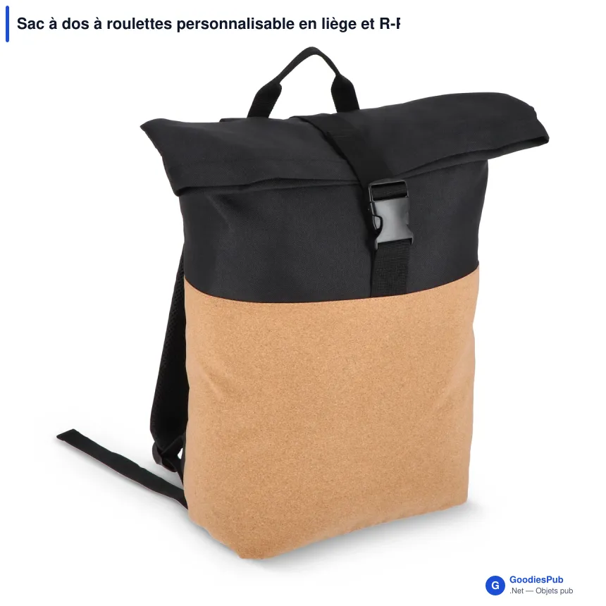 Sac à dos à roulettes personnalisable en liège et R-PET 18 L avec logo - Noir - Image 2
