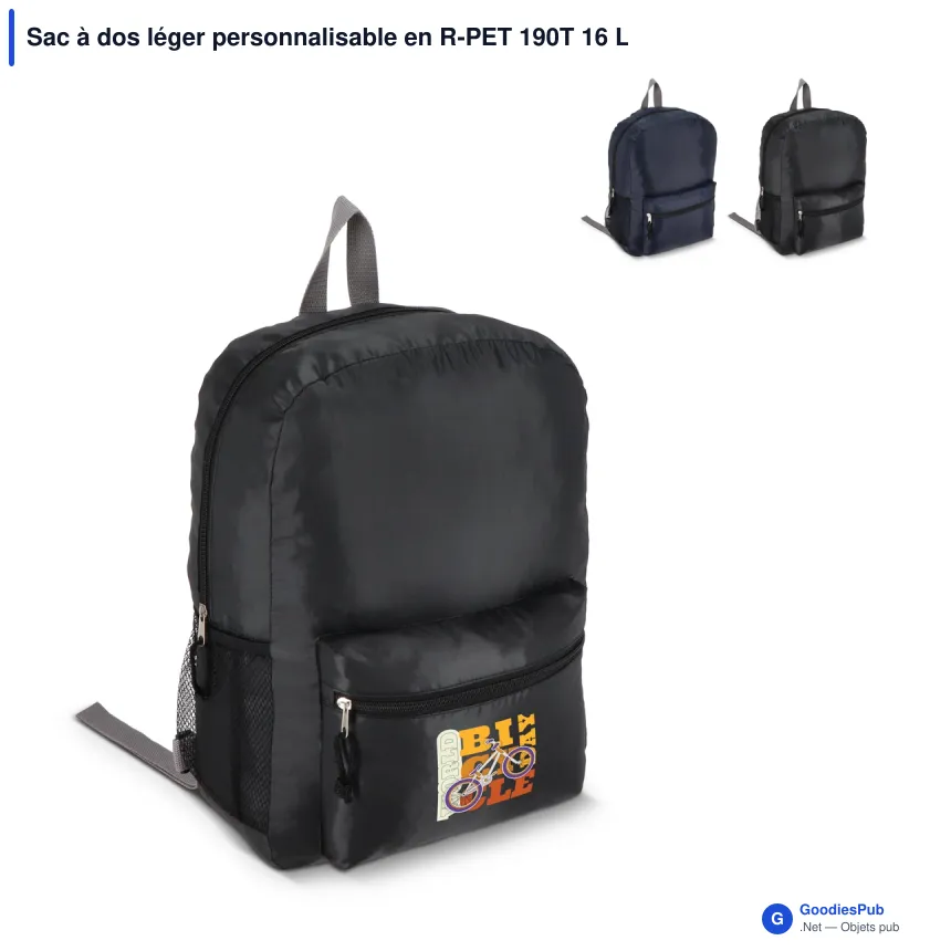 Sac à dos léger personnalisable en R-PET 190T 16 L avec logo - Bleu foncé ou noir - Image 1
