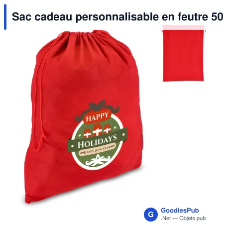Sac cadeau personnalisable en feutre 50 x 70 cm avec logo - Rouge grand format