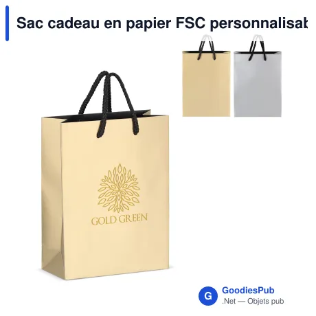 Sac cadeau en papier FSC personnalisable 18 x 24 cm avec logo - Or ou argent