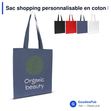 Sac shopping personnalisable en coton bio 140 g/m² avec logo - Anses longues