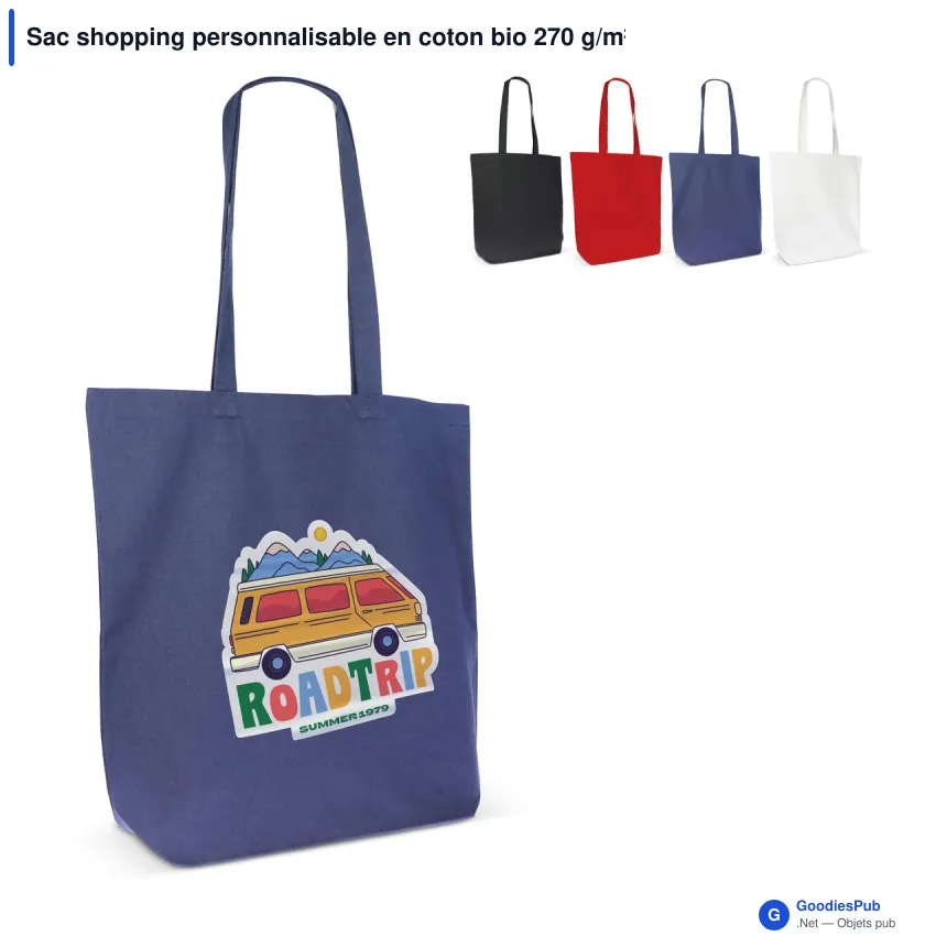 Sac shopping personnalisable en coton bio 270 g/m² avec logo - Soufflet 12 cm - Image 1