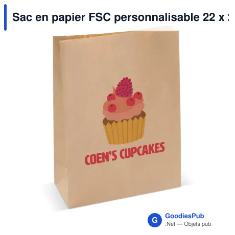 Sac en papier FSC personnalisable 22 x 29 cm 70 g/m² avec logo - Marron