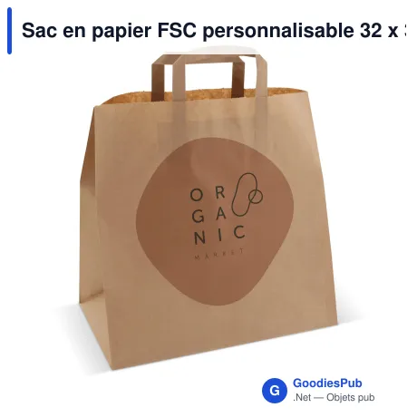 Sac en papier FSC personnalisable 32 x 33 cm fond large avec logo - 70 g/m²