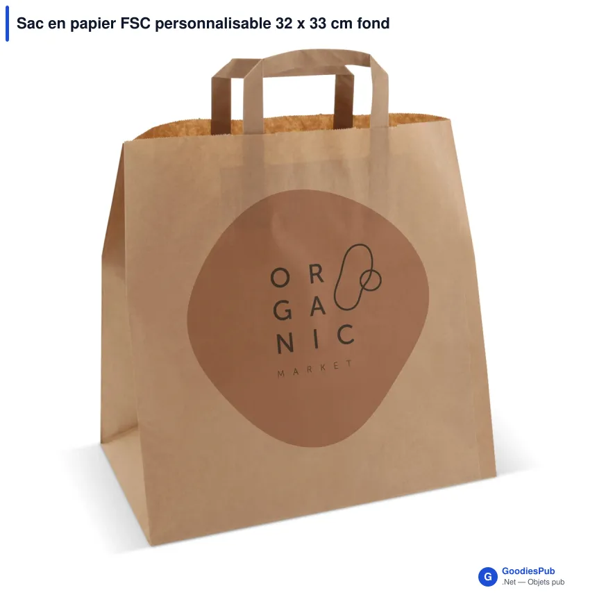 Sac en papier FSC personnalisable 32 x 33 cm fond large avec logo - 70 g/m² - Image 1