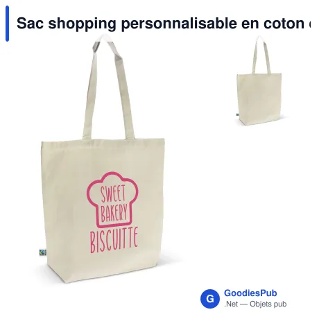 Sac shopping personnalisable en coton équitable 270 g/m² avec logo - Écru