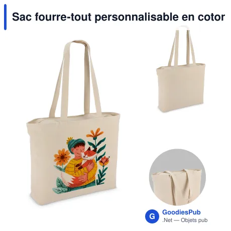 Sac fourre-tout personnalisable en coton zippé 320 g/m² avec logo - 47 x 35 cm