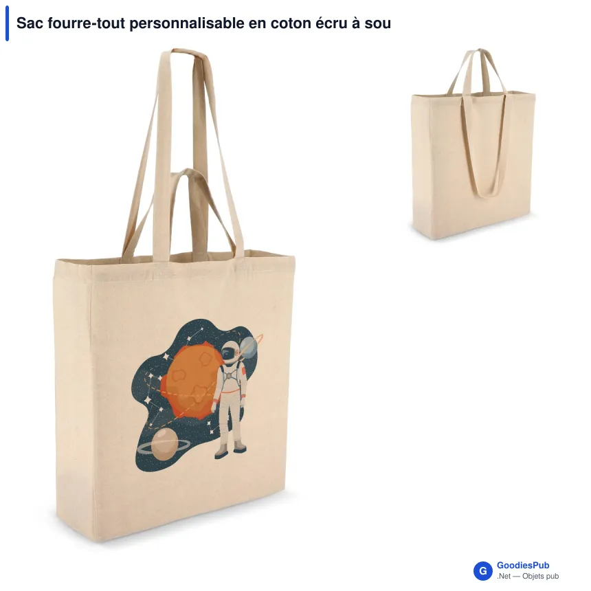 Sac fourre-tout personnalisable en coton écru à soufflet avec logo - 140 g/m² - Image 1