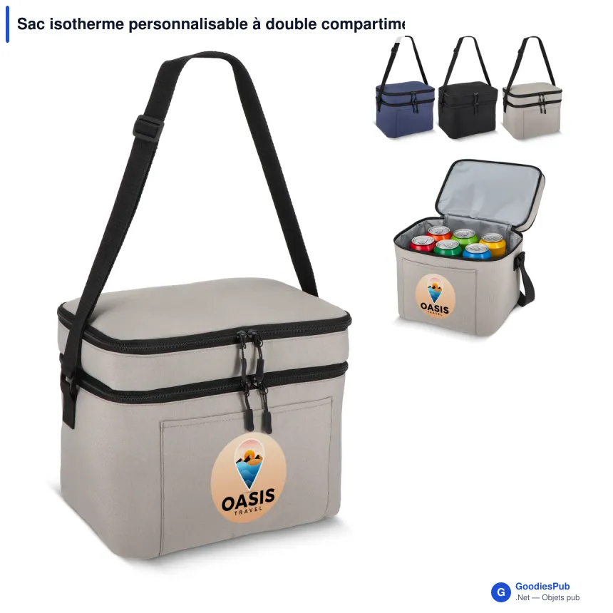 Sac isotherme personnalisable à double compartiment 12 L avec logo - Gris ou noir - Image 1