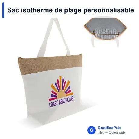 Sac isotherme de plage personnalisable coton et jute avec logo - 43 x 33 cm