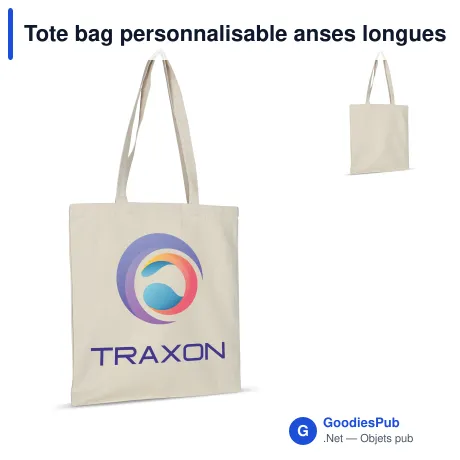 Tote bag personnalisable anses longues coton OEKO-TEX® 220 g/m² avec logo - Nature