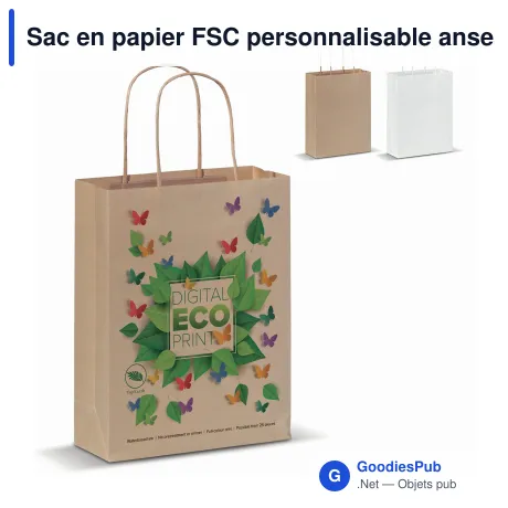 Sac en papier FSC personnalisable anses torsadées 18 x 22 cm avec logo - 90 g/m²