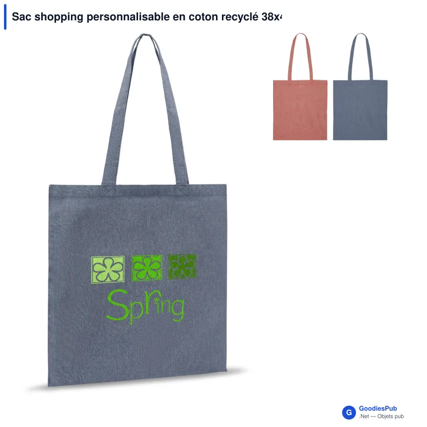 Sac shopping personnalisable en coton recyclé 38x42 cm avec logo - Rouge ou bleu - Image 1