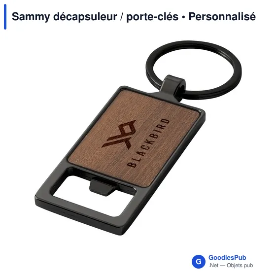 Décapsuleur porte-clés personnalisable en bois - Sammyavec logo - Image 1