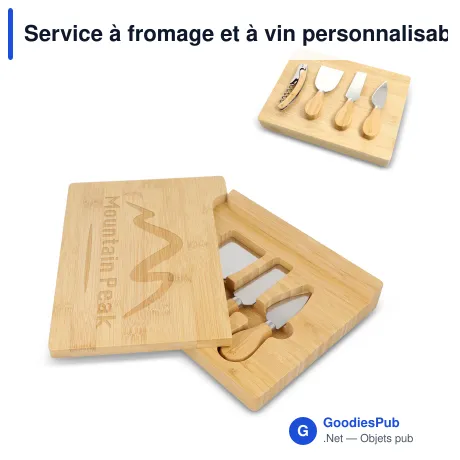 Service à fromage et à vin personnalisable en bambou avec logo - 4 pièces