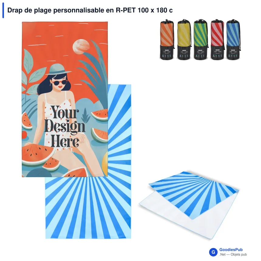 Drap de plage personnalisable en R-PET 100 x 180 cm coloré avec logo - Quick Dry R-PET - Image 1