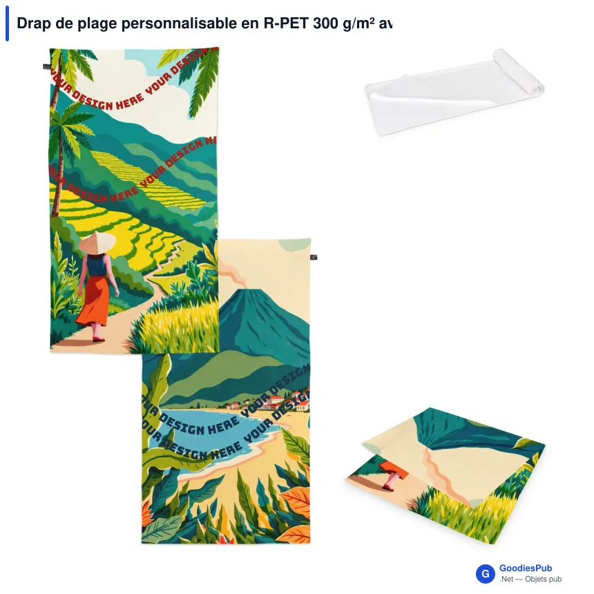 Drap de plage personnalisable en R-PET 300 g/m² avec logo - 100 x 180 cm - Image 1