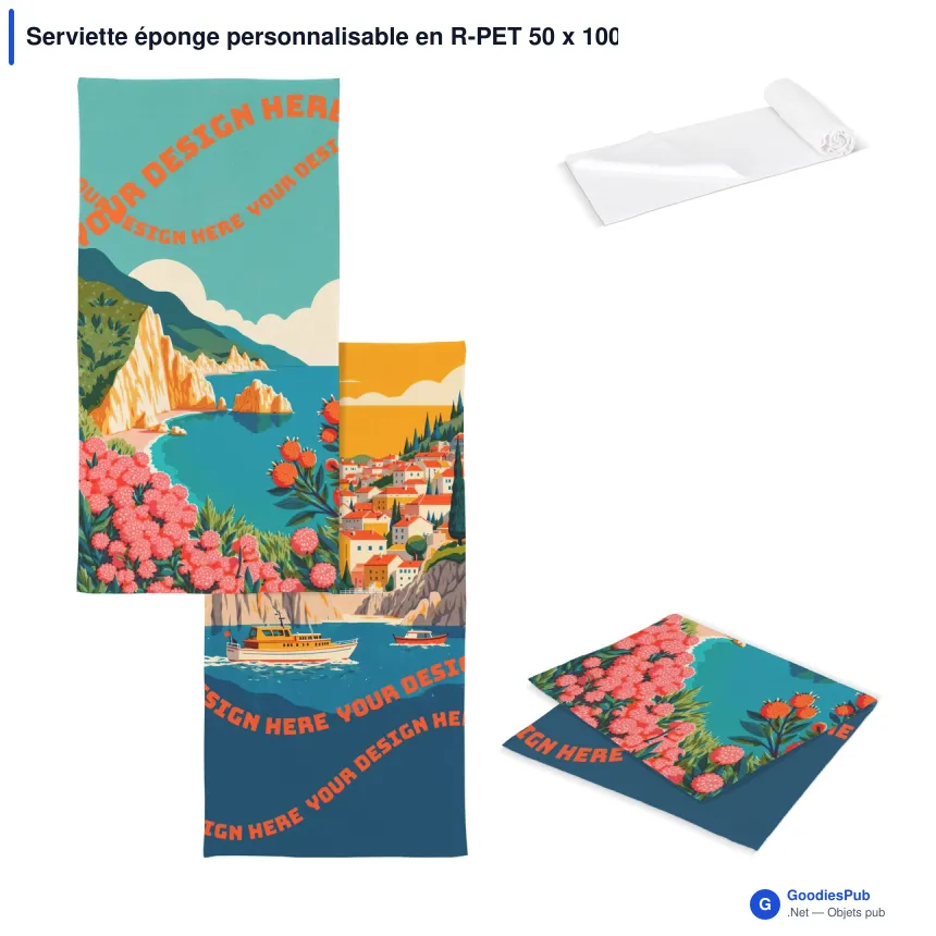 Serviette éponge personnalisable en R-PET 50 x 100 cm avec logo - Éponge R-PET - Image 1