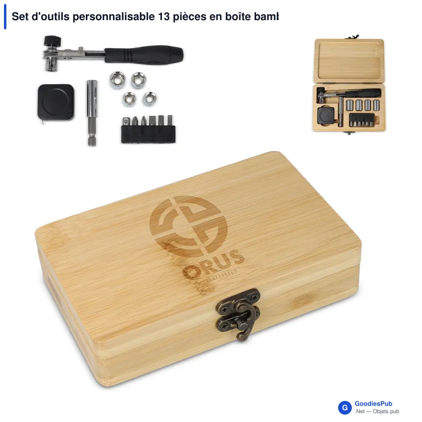 Set d'outils personnalisable 13 pièces en boîte bambou avec logo - Nature - Image 1