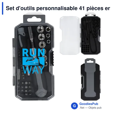 Set d'outils personnalisable 41 pièces en acier au carbone avec logo - Gris