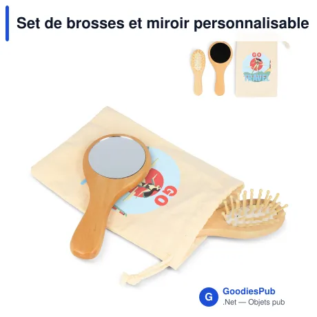 Set de brosses et miroir personnalisable en bois avec logo - Schima superba