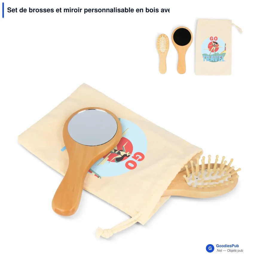 Set de brosses et miroir personnalisable en bois avec logo - Schima superba - Image 1