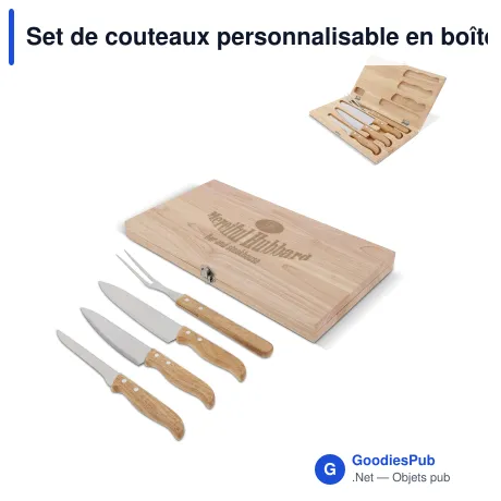 Set de couteaux personnalisable en boîte cadeau bois avec logo - Bois
