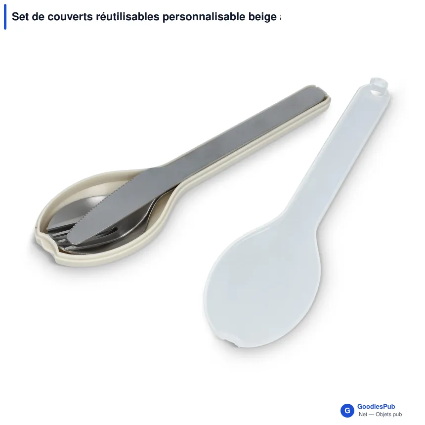 Set de couverts réutilisables personnalisable beige avec logo - Go - Image 2