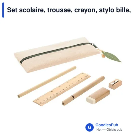 Set scolaire, trousse, crayon, stylo bille, règle, gomme et taille-crayon | Landon