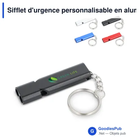 Sifflet d'urgence personnalisable en aluminium avec logo - 4 couleurs