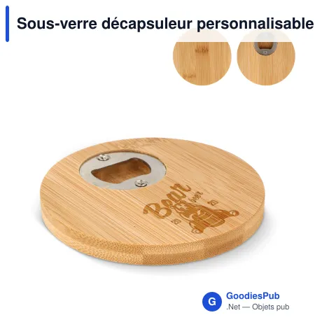 Sous-verre décapsuleur personnalisable en bambou et inox avec logo - Bambou