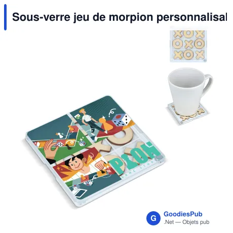 Sous-verre jeu de morpion personnalisable en PS et bois avec logo - Tic-Tac-Toe