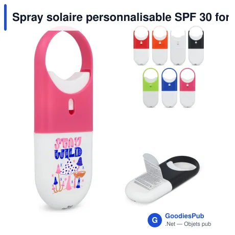Spray solaire personnalisable SPF 30 format 10 ml avec logo - Spray plat