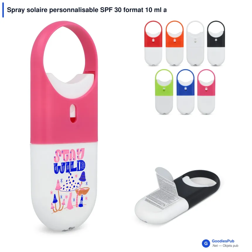 Spray solaire personnalisable SPF 30 format 10 ml avec logo - Spray plat - Image 1
